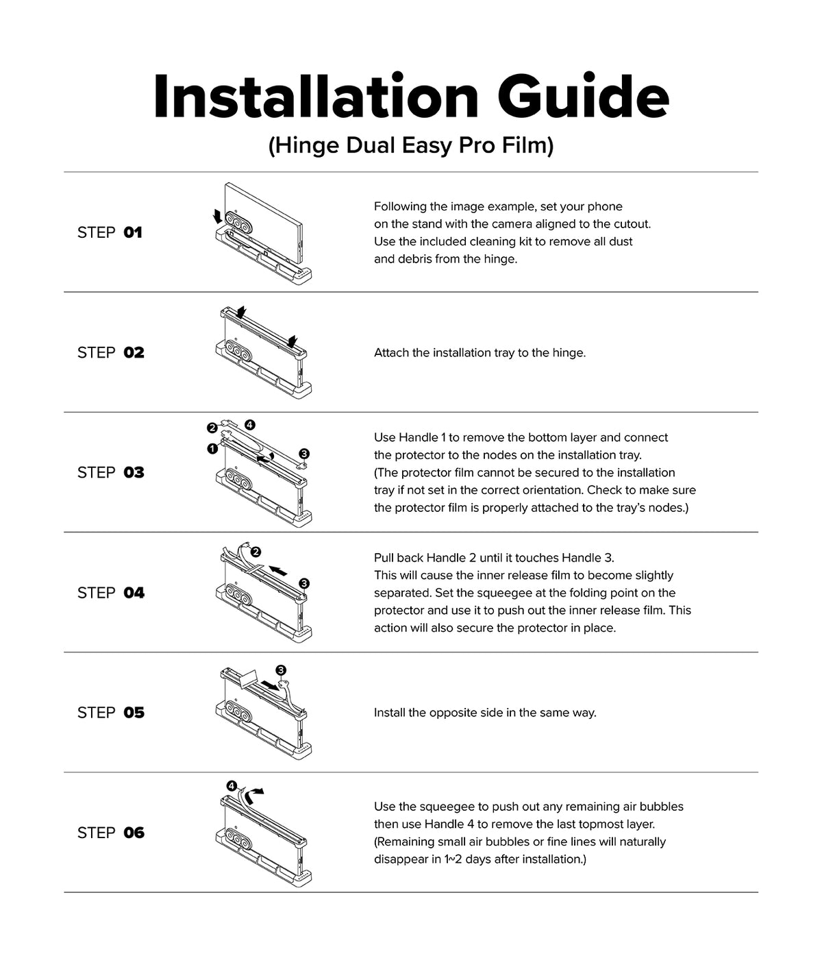 Galaxy Z Fold 7 Screen Protector | 3-in-1 Protector Pro - Six-step illustrated installation guide for applying a hinge protector film.