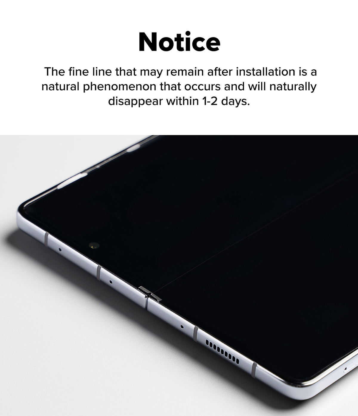Galaxy Z Fold 7 Screen Protector | 3-in-1 Protector Pro - Text notice about installation lines above a close-up of a folded smartphone screen.