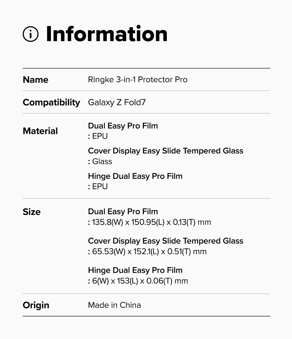 Galaxy Z Fold 7 Screen Protector | 3-in-1 Protector Pro - Information table detailing product name, compatibility, materials, and dimensions.