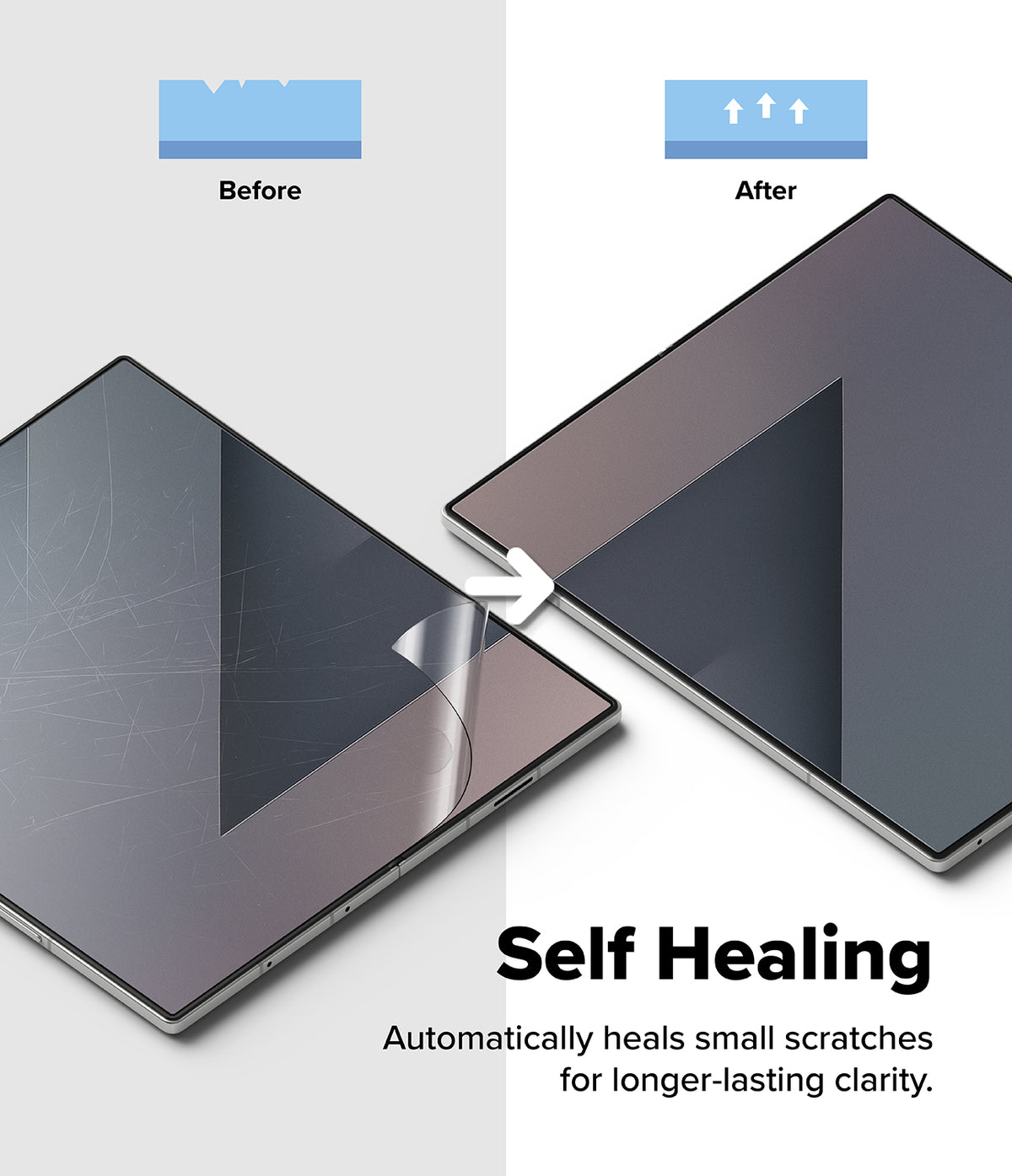 Galaxy Z Fold 7 Screen Protector | 3-in-1 Protector Pro - Comparison showing a scratched screen surface healing into a smooth, clear finish.