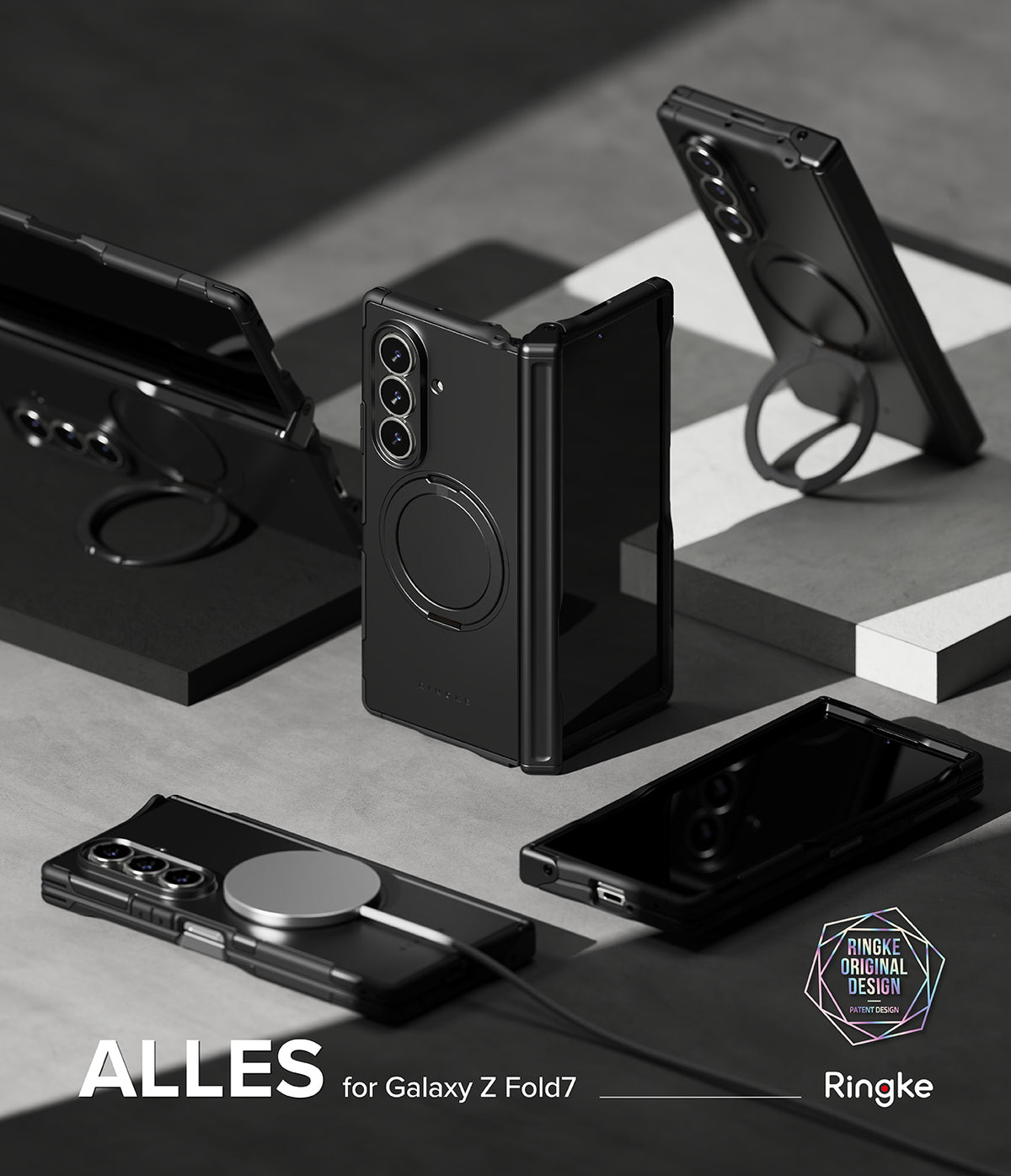 Galaxy Z Fold 7 Case | Alles - Multiple black Galaxy Z Fold 7 phones in protective cases with magnetic rings on a gray surface.