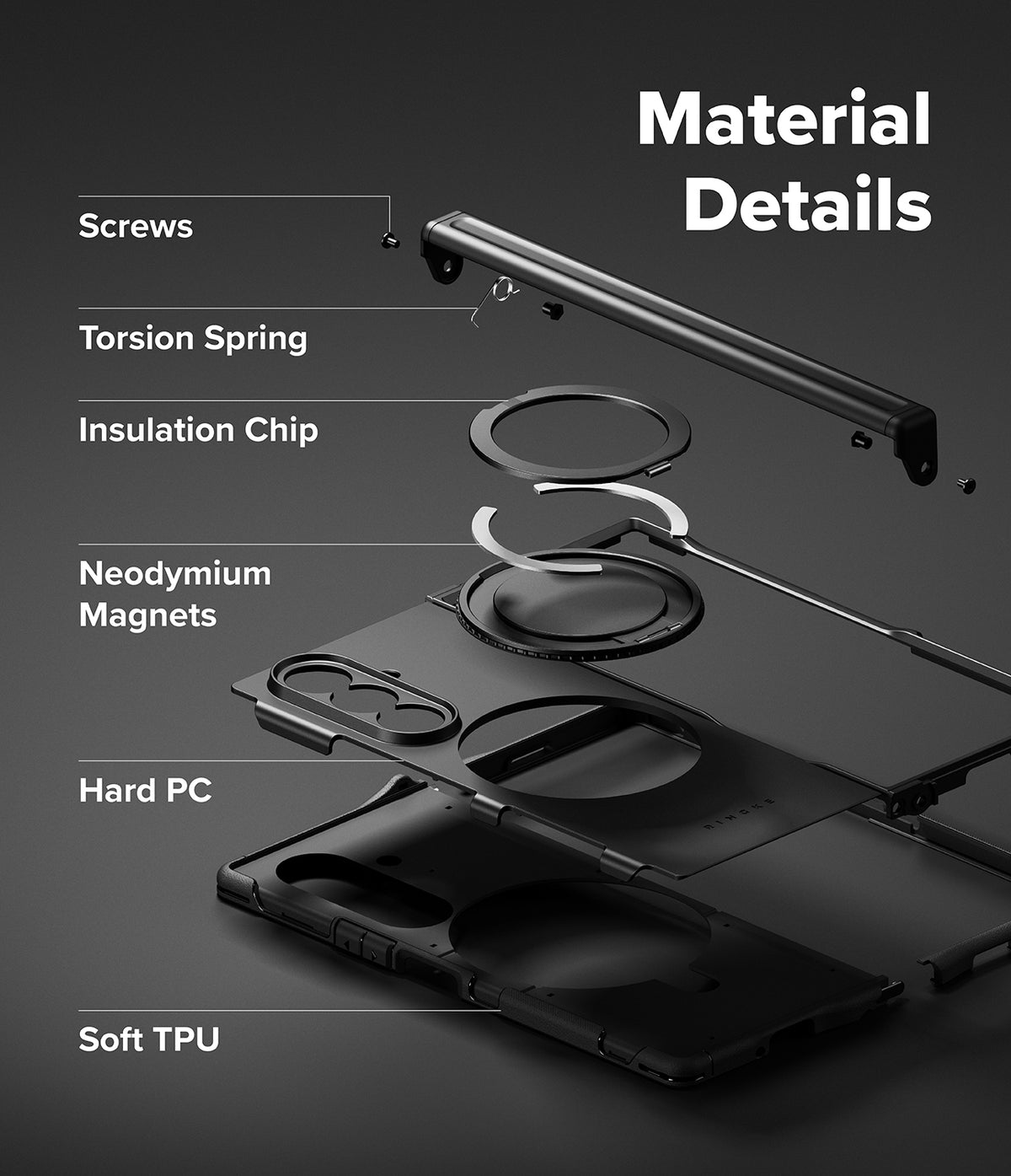 Galaxy Z Fold 7 Case | Alles - Exploded view of phone case components labeled with materials like TPU, PC, magnets, and springs.