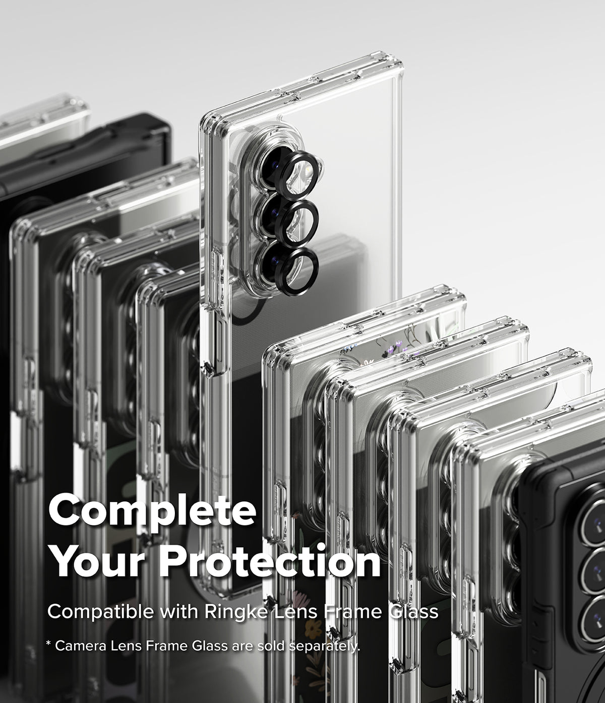Galaxy Z Fold 7 Case | Alles - Multiple clear phone cases arranged in a row, highlighting camera lens frame compatibility.