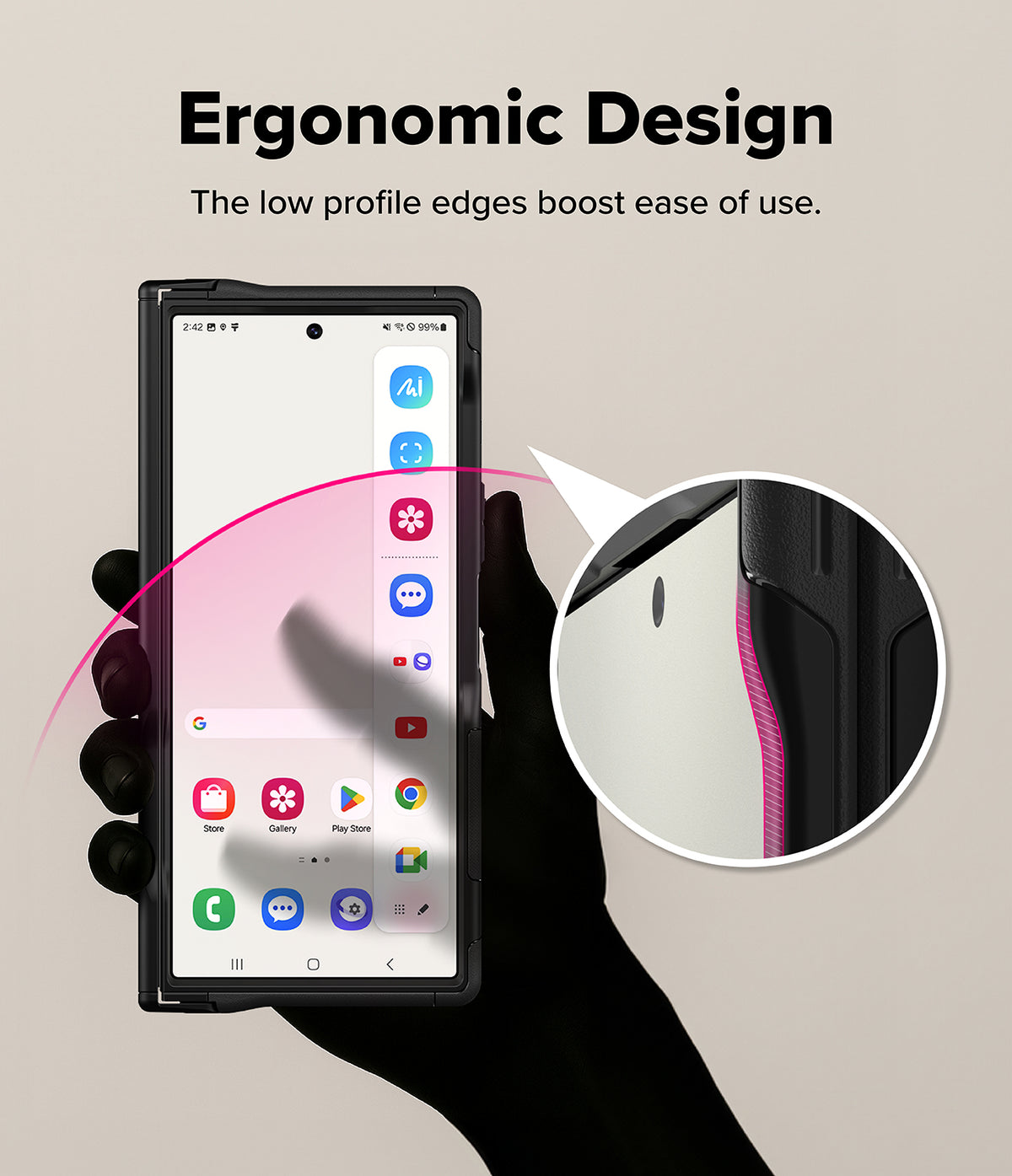Galaxy Z Fold 7 Case | Alles - Galaxy Z Fold 7 Case - A hand holds a phone in a black case, with a zoomed-in view highlighting the low-profile edge design.