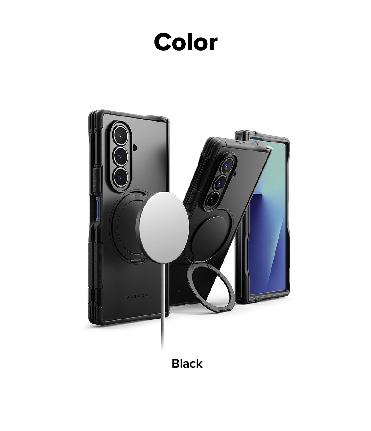 Galaxy Z Fold 7 Case | Alles - Black Galaxy Z Fold 7 cases with MagSafe charger and integrated ring stand against white background.