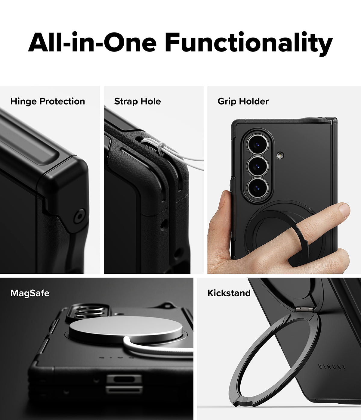 Galaxy Z Fold 7 Case | Alles - Five panels showing hinge protection, strap hole, grip holder, MagSafe, and kickstand features.