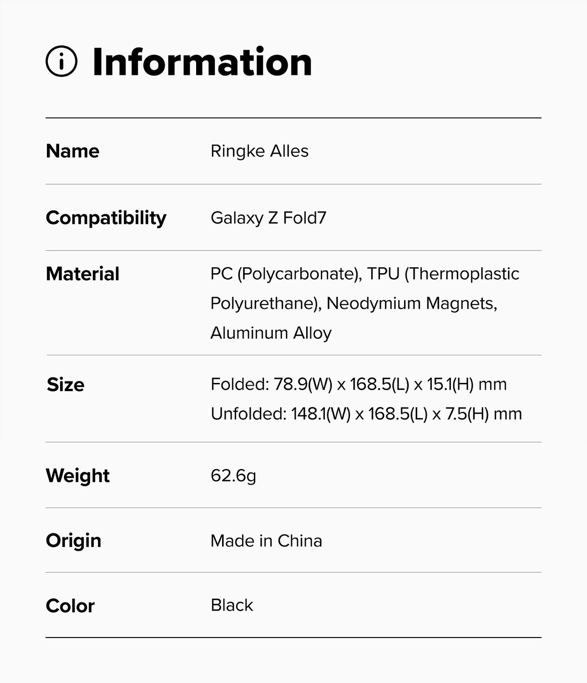Galaxy Z Fold 7 Case | Alles - Specification table for Ringke Alles case listing name, compatibility, materials, size, weight, and color.