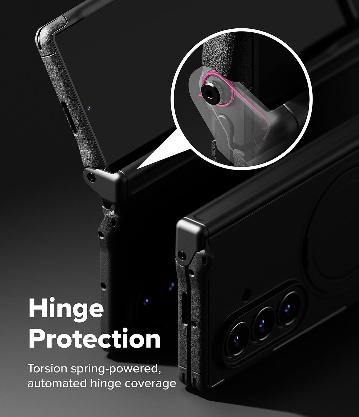 Galaxy Z Fold 7 Case | Alles - Close-up of a black phone case showing a spring-powered, automated hinge protection mechanism.
