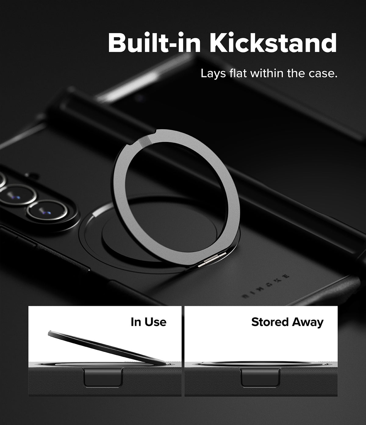 Galaxy Z Fold 7 Case | Alles - Black phone case with a circular kickstand that folds flat, shown in use and stored away.