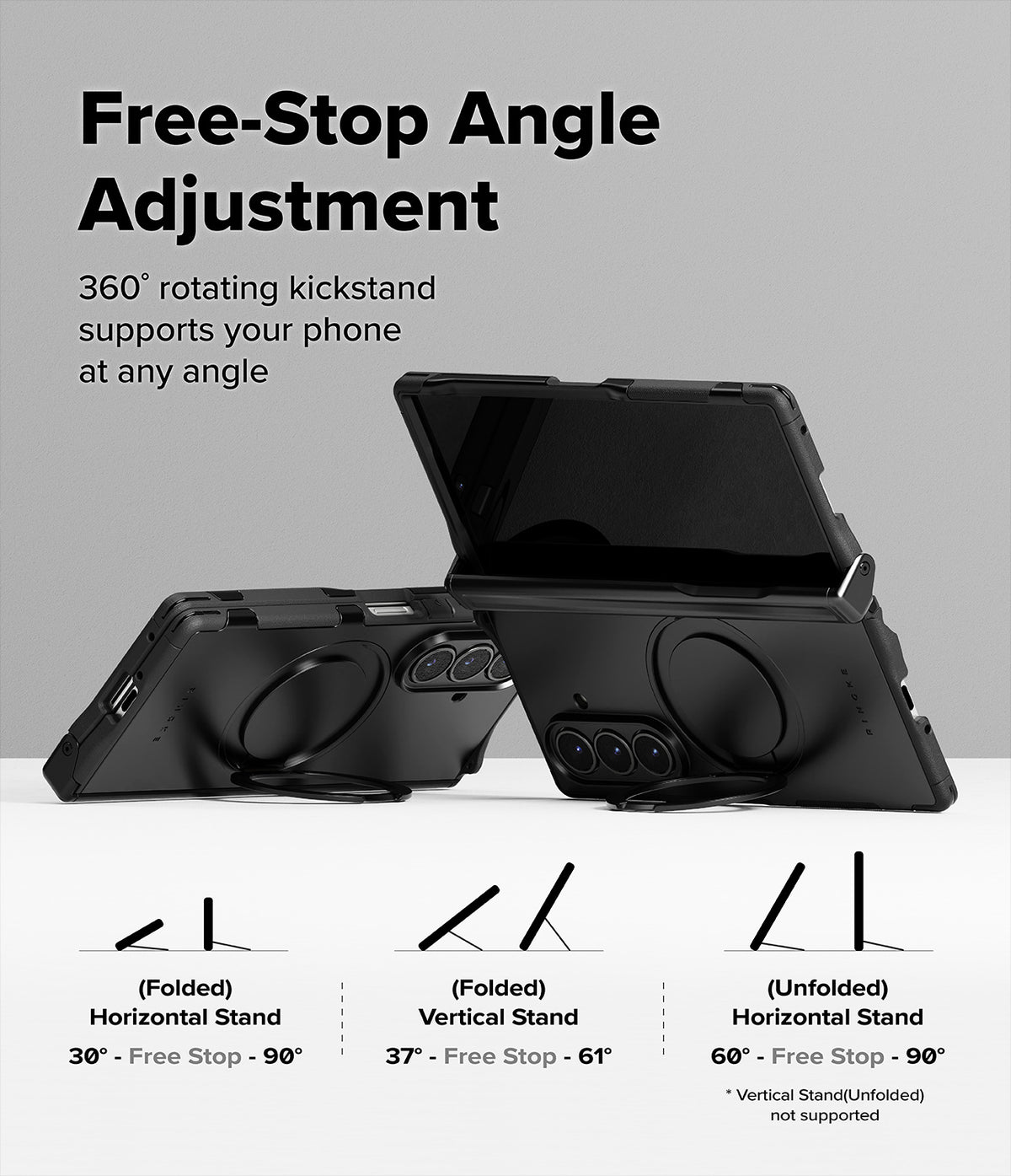 Galaxy Z Fold 7 Case | Alles - Two phones in cases with rotating kickstands shown at different angles and stand positions.
