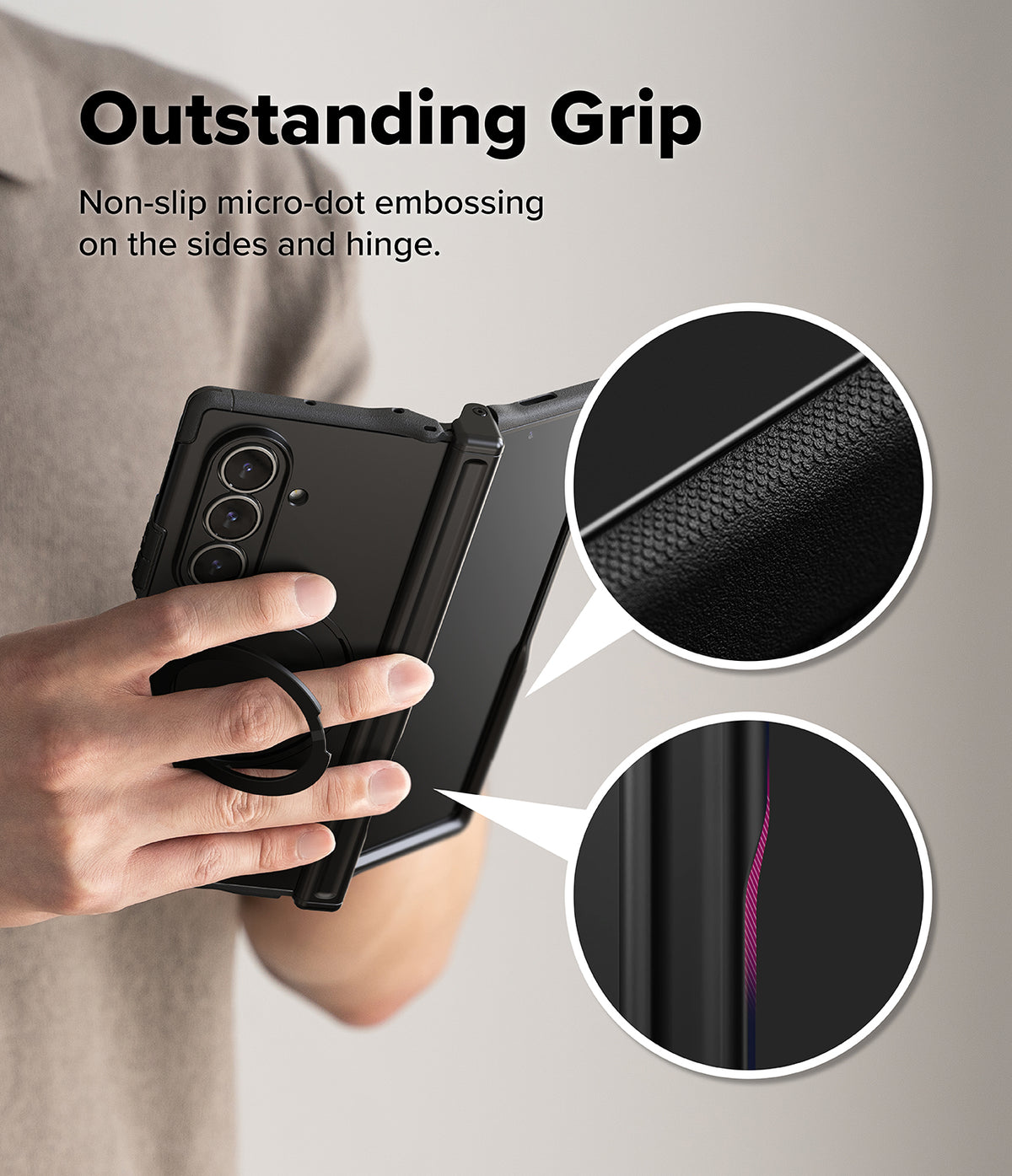 Galaxy Z Fold 7 Case | Alles - Galaxy Z Fold 7 Case - Hand holding phone with micro-dot textured grip on the case sides and hinge.