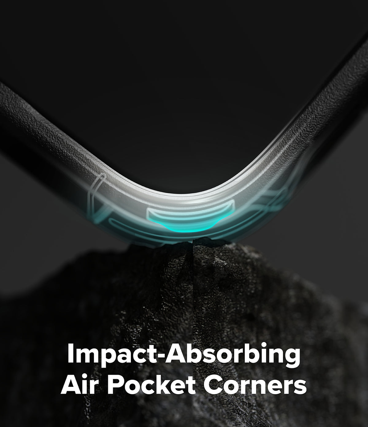 Galaxy Z Fold 7 Case | Alles - Close-up of a phone case corner with glowing blue air pockets resting on a rough rock surface.