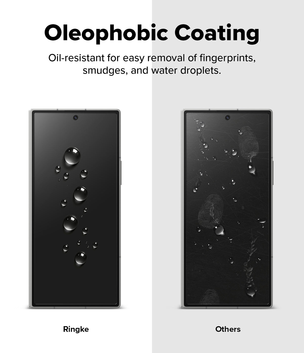 Galaxy Z Fold 7 Screen Protector | Cover Display Easy Slide Tempered Glass (2 Pack) - Comparison showing water beading on Ringke glass versus smudges on standard glass.
