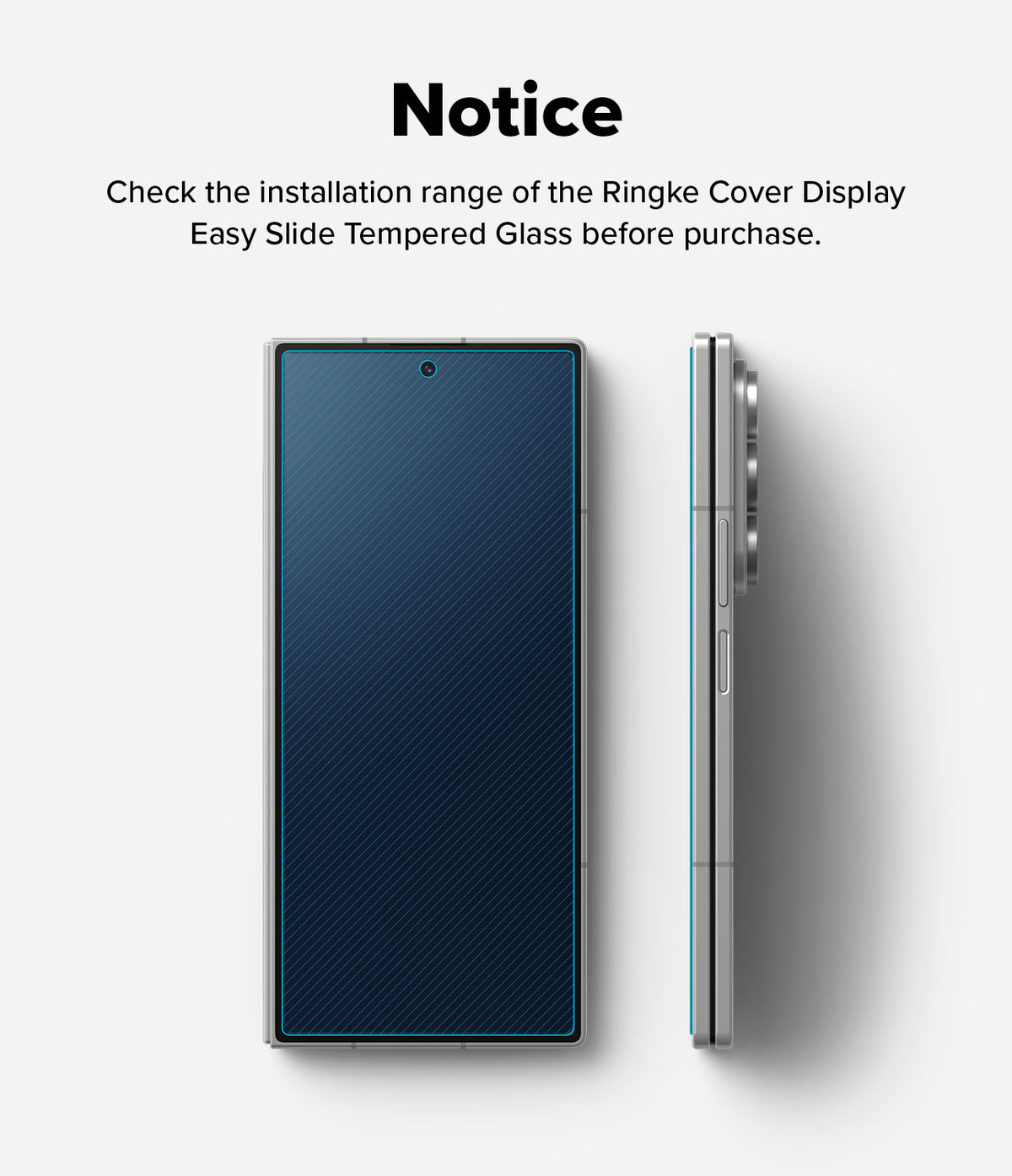 Galaxy Z Fold 7 Screen Protector | Cover Display Easy Slide Tempered Glass (2 Pack) - Front and side views of a phone showing the tempered glass installation area.