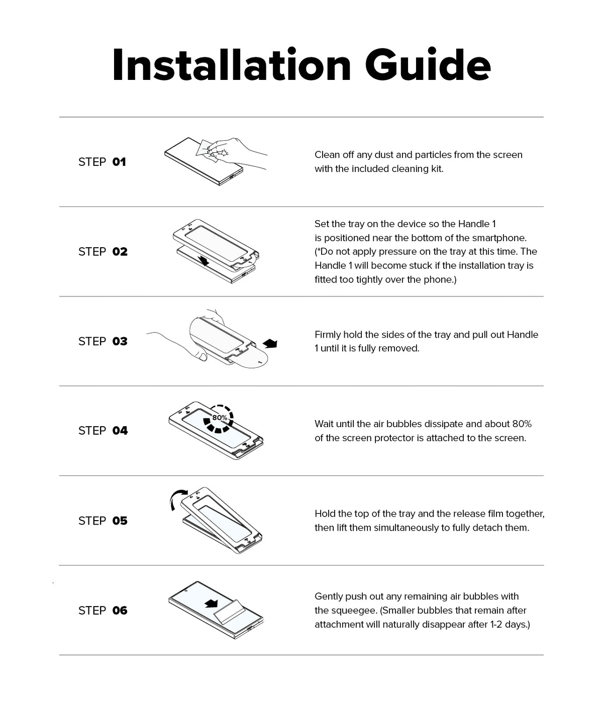 Galaxy Z Fold 7 Screen Protector | Cover Display Easy Slide Tempered Glass (2 Pack) - Six-step illustrated guide showing how to install a tempered glass screen protector.