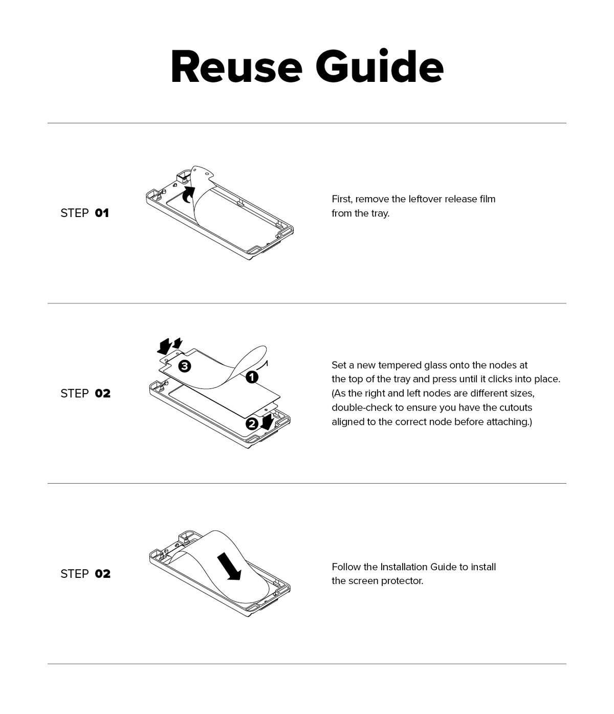 Galaxy Z Fold 7 Screen Protector | Cover Display Easy Slide Tempered Glass (2 Pack) - Three-step diagram showing how to remove film and install new glass into the tray.