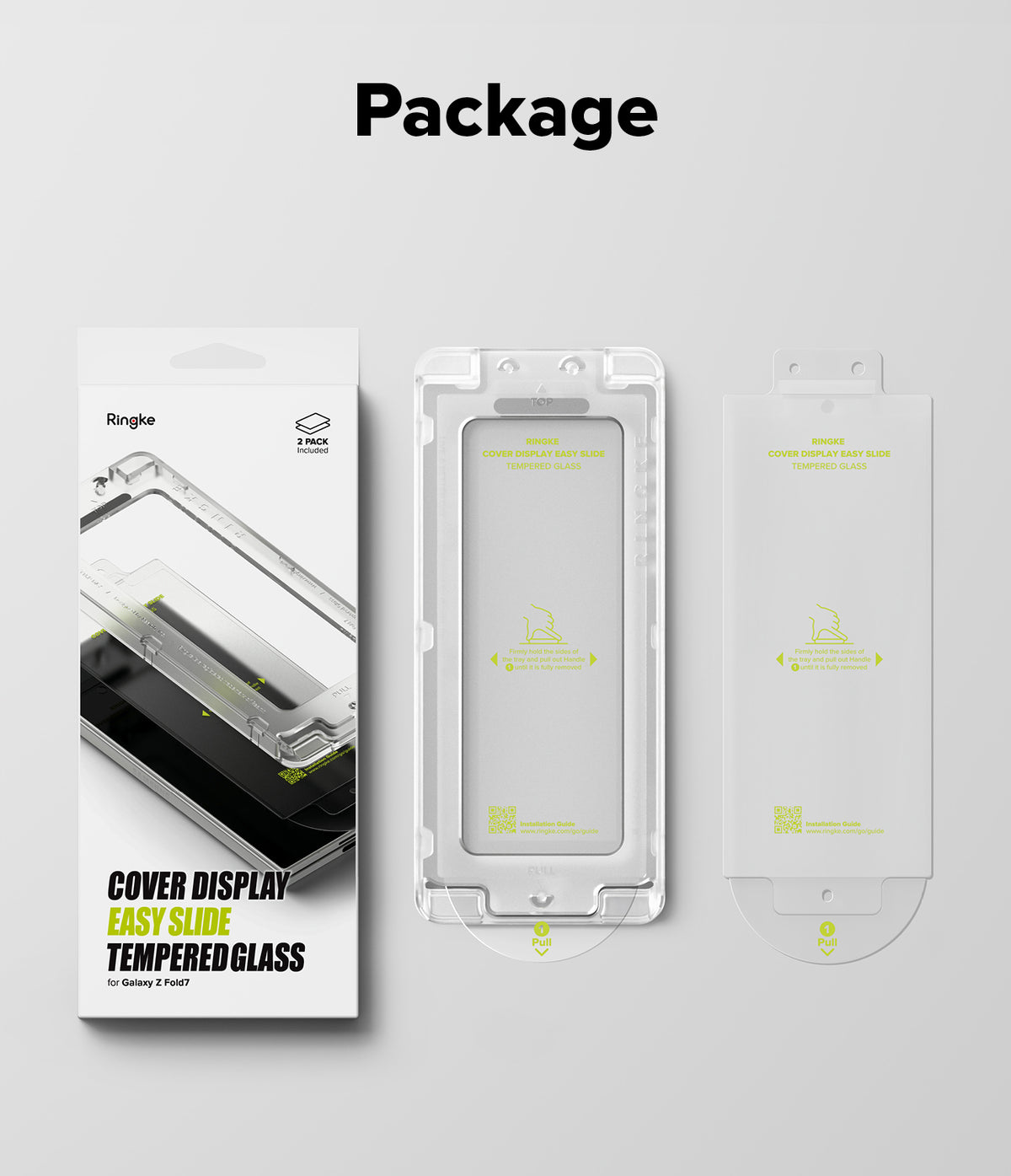 Galaxy Z Fold 7 Screen Protector | Cover Display Easy Slide Tempered Glass (2 Pack) - Packaging box, installation tray, and two tempered glass screen protectors.