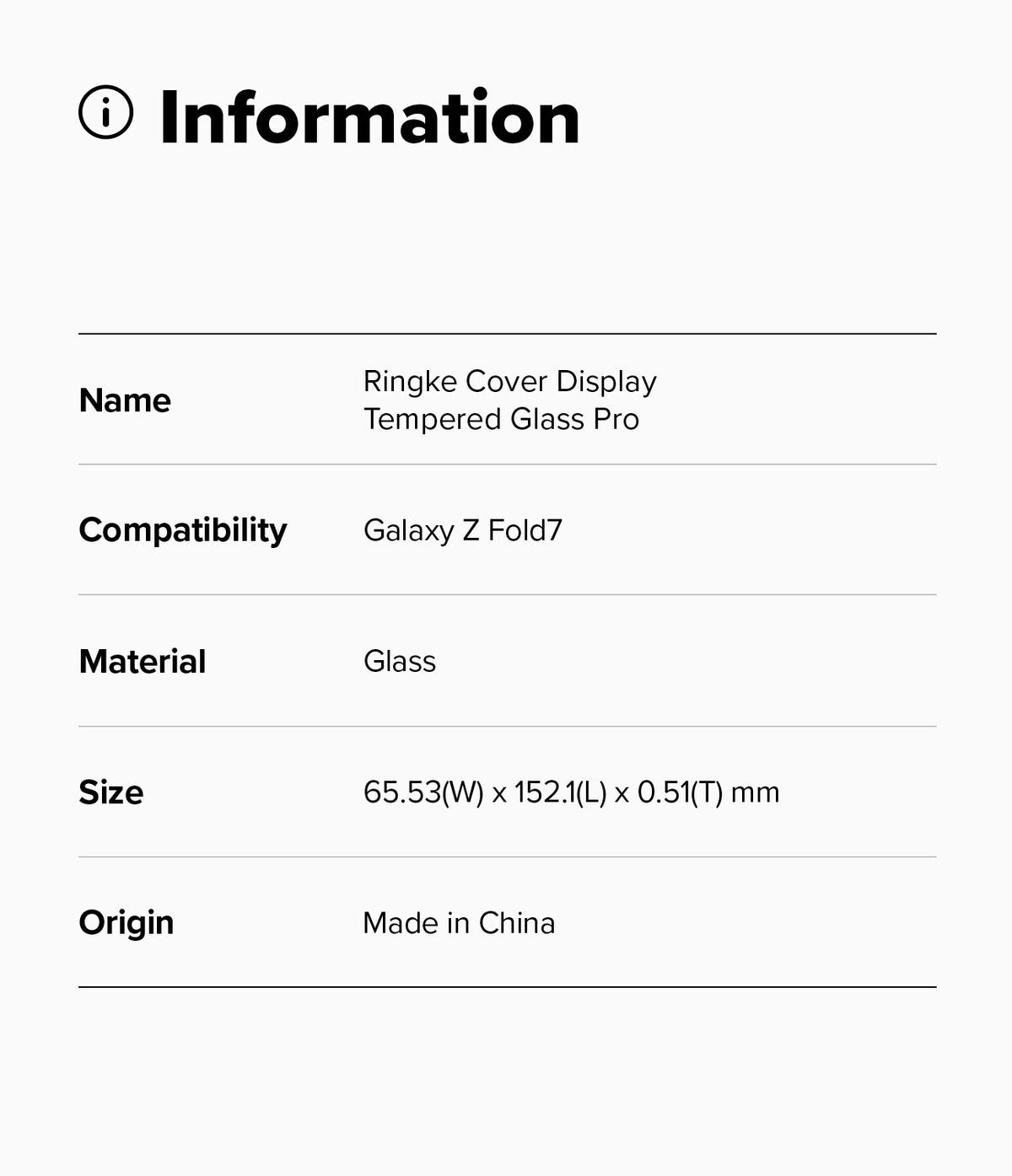 Galaxy Z Fold 7 Screen Protector | Cover Display Easy Slide Tempered Glass (2 Pack) - Information table listing product name, compatibility, material, size, and origin.