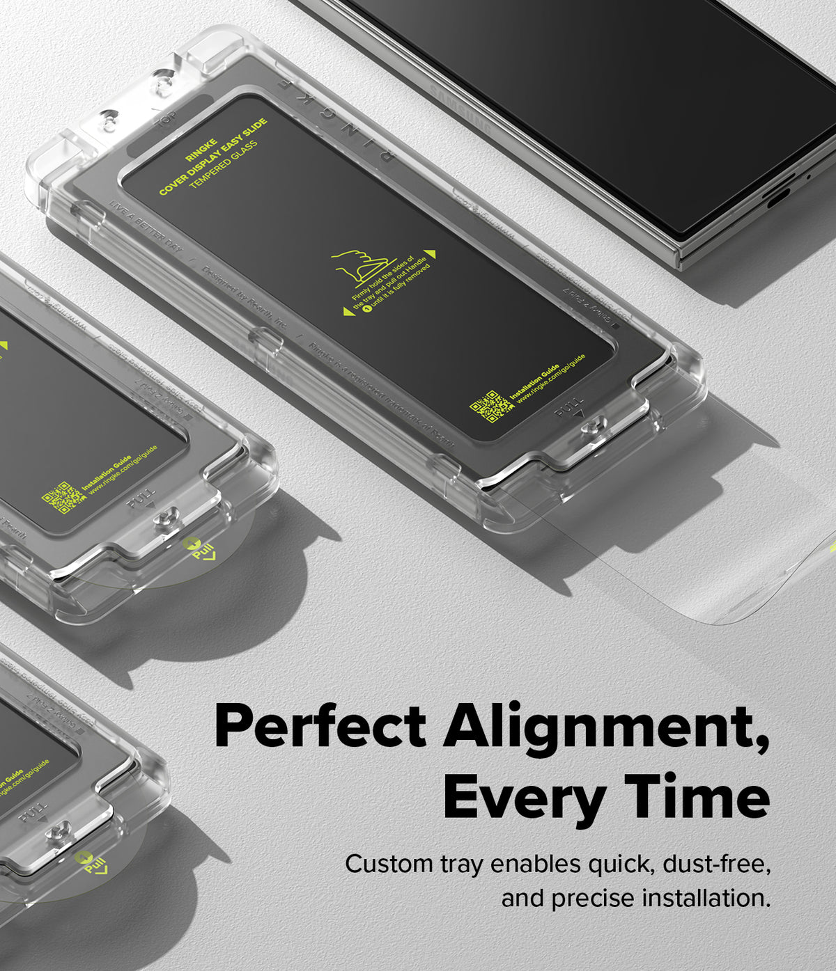 Galaxy Z Fold 7 Screen Protector | Cover Display Easy Slide Tempered Glass (2 Pack) - Two tempered glass screen protectors in clear installation trays for precise alignment.