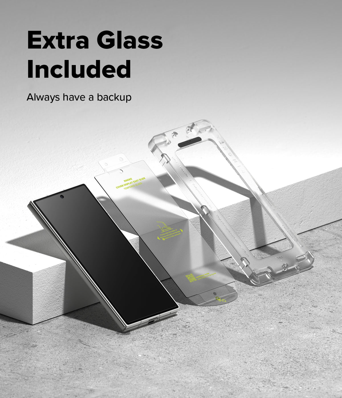 Galaxy Z Fold 7 Screen Protector | Cover Display Easy Slide Tempered Glass (2 Pack) - Smartphone with installation tray and two tempered glass screen protectors.