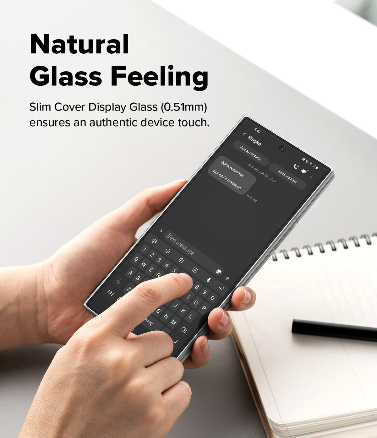 Galaxy Z Fold 7 Screen Protector | Cover Display Easy Slide Tempered Glass (2 Pack) - Hands using a smartphone with a slim tempered glass screen protector on the display.