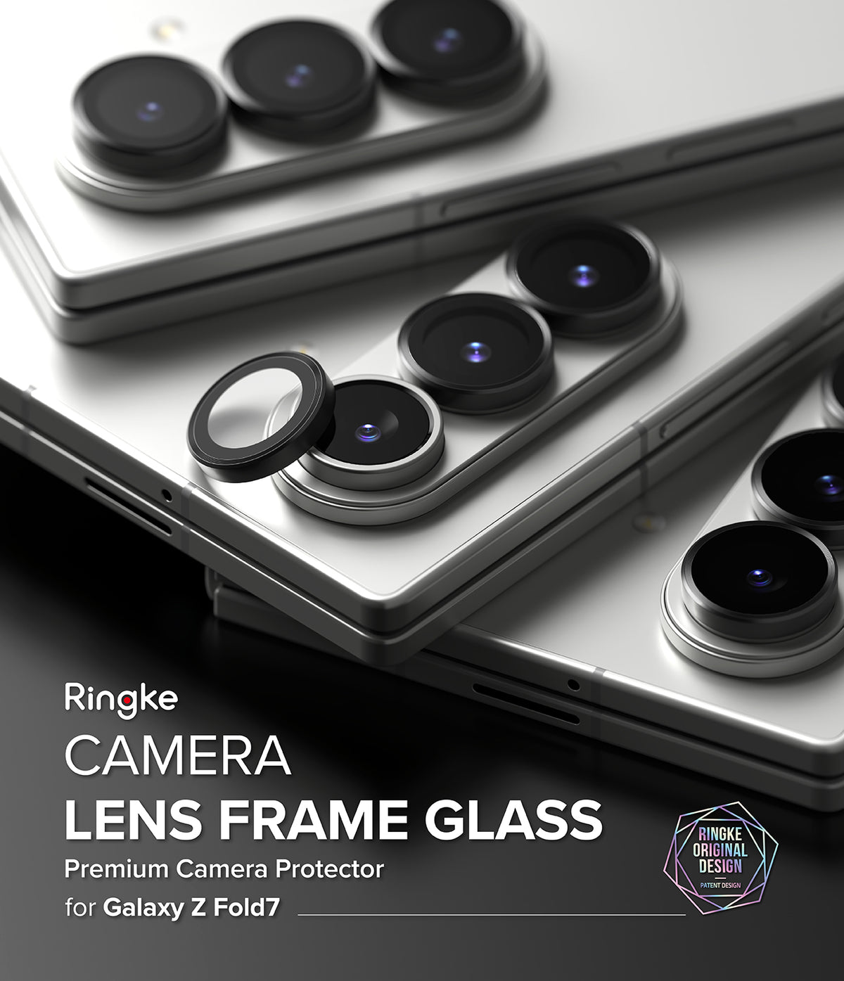 Galaxy Z Fold 7 | Camera Lens Frame Glass (2 Pack) - Silver phone camera lenses with one detached black circular glass protector frame.