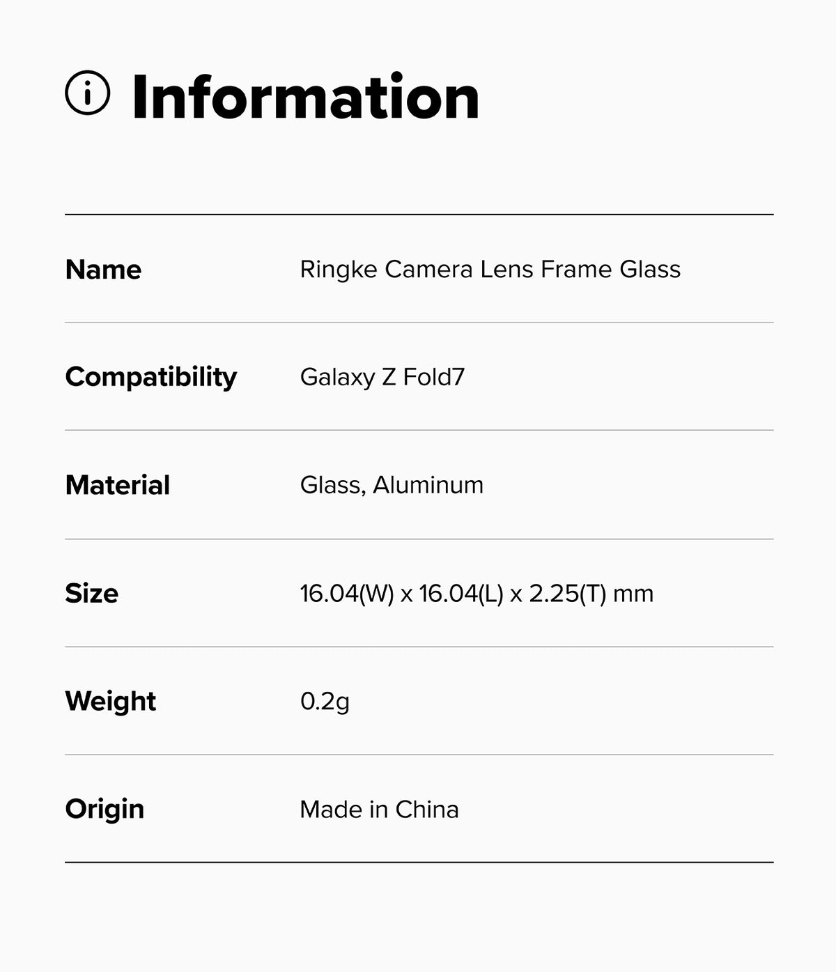 Galaxy Z Fold 7 | Camera Lens Frame Glass (2 Pack) - Information table listing product name, compatibility, material, size, weight, and origin.