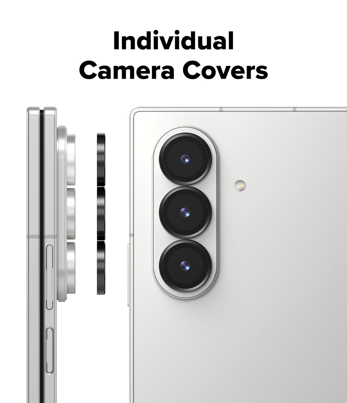 Galaxy Z Fold 7 | Camera Lens Frame Glass (2 Pack) - Individual black camera lens covers aligning with the triple camera array on a silver smartphone.