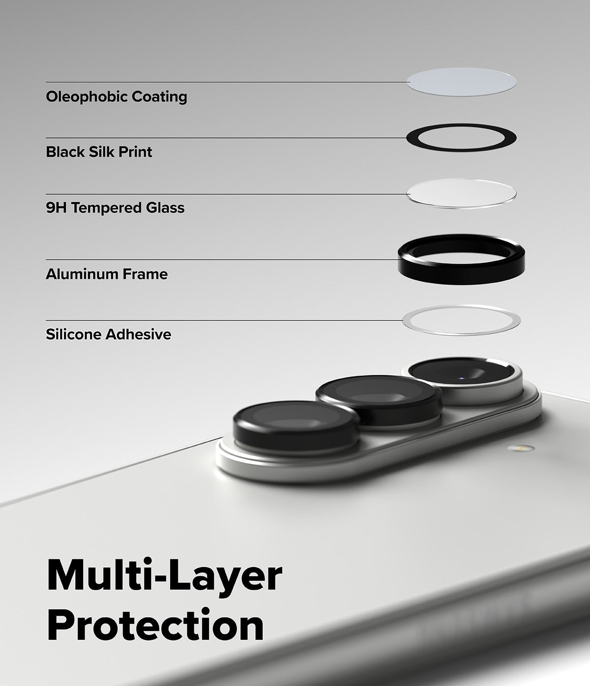 Galaxy Z Fold 7 | Camera Lens Frame Glass (2 Pack) - Exploded view of camera lens protector layers above a smartphone, showing coating, glass, and frame.