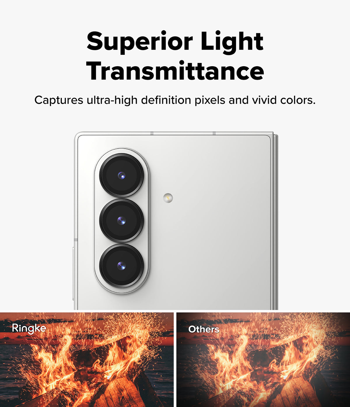 Galaxy Z Fold 7 | Camera Lens Frame Glass (2 Pack) - Camera lens glass showing clear fire photo comparison versus a blurry competitor image.