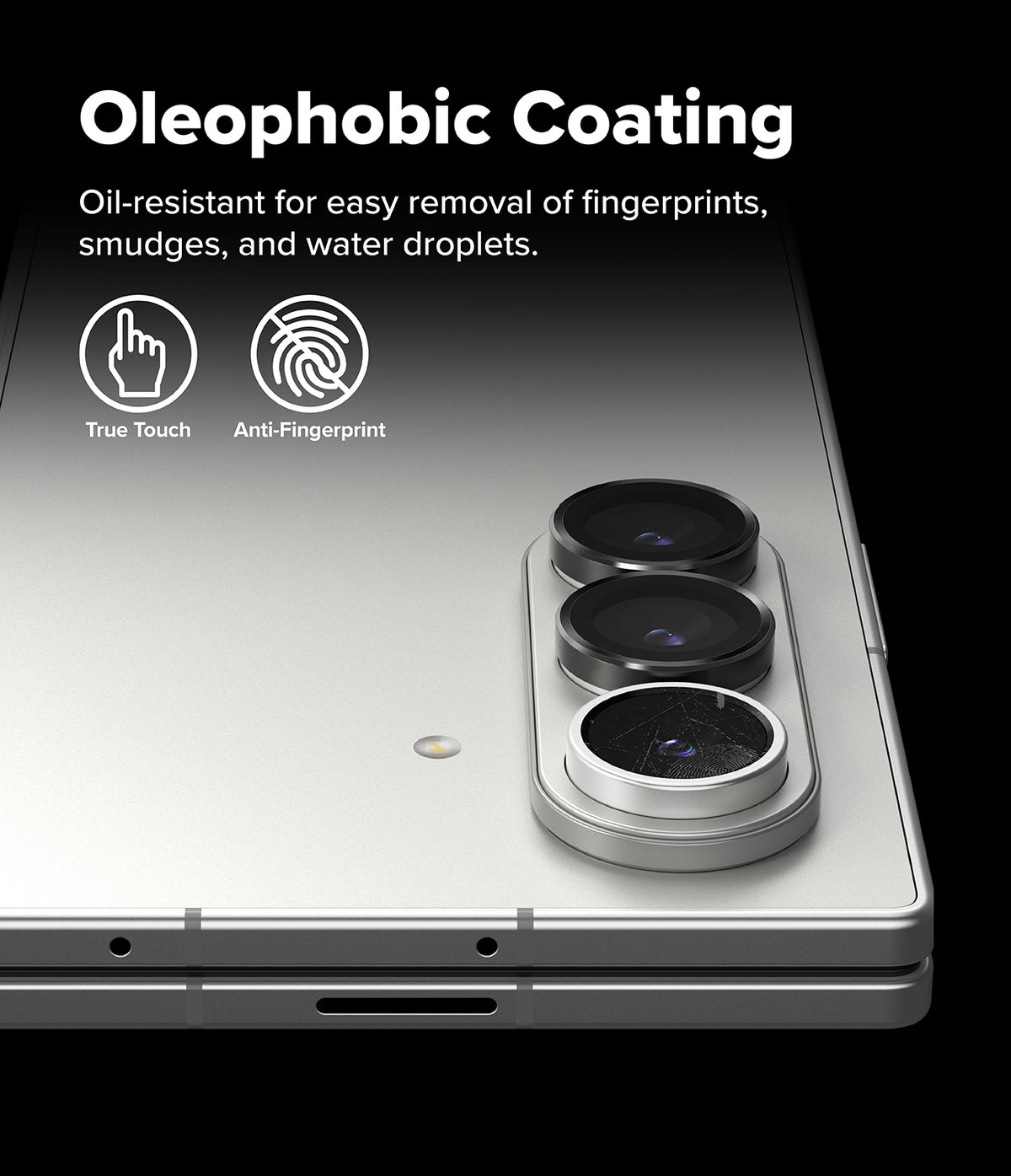 Galaxy Z Fold 7 | Camera Lens Frame Glass (2 Pack) - Camera lens covers on a silver phone with text highlighting oleophobic, anti-fingerprint coating features.