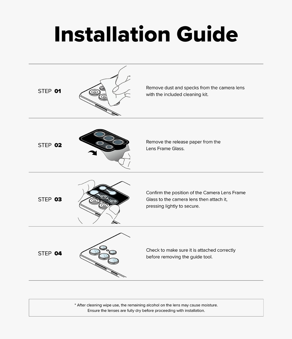 Galaxy Z Fold 7 | Camera Lens Frame Glass (2 Pack) - Four-step illustrated guide for installing camera lens frame glass protectors on a smartphone.