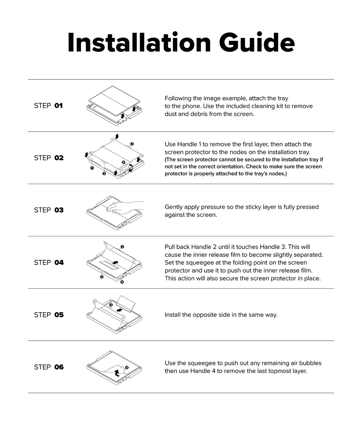 Galaxy Z Fold 7 Screen Protector | Dual Easy Pro Film (2 Pack) - Six-step illustrated installation guide for applying a screen protector using a tray.
