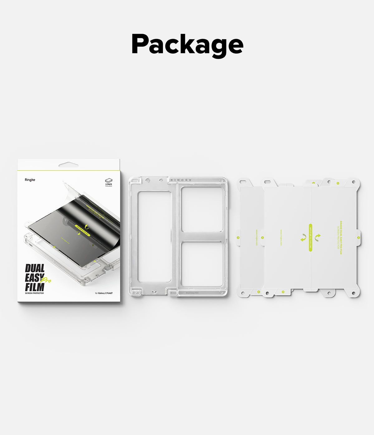 Galaxy Z Fold 7 Screen Protector | Dual Easy Pro Film (2 Pack) - Package contents including retail box, installation frame, and two screen film sheets.