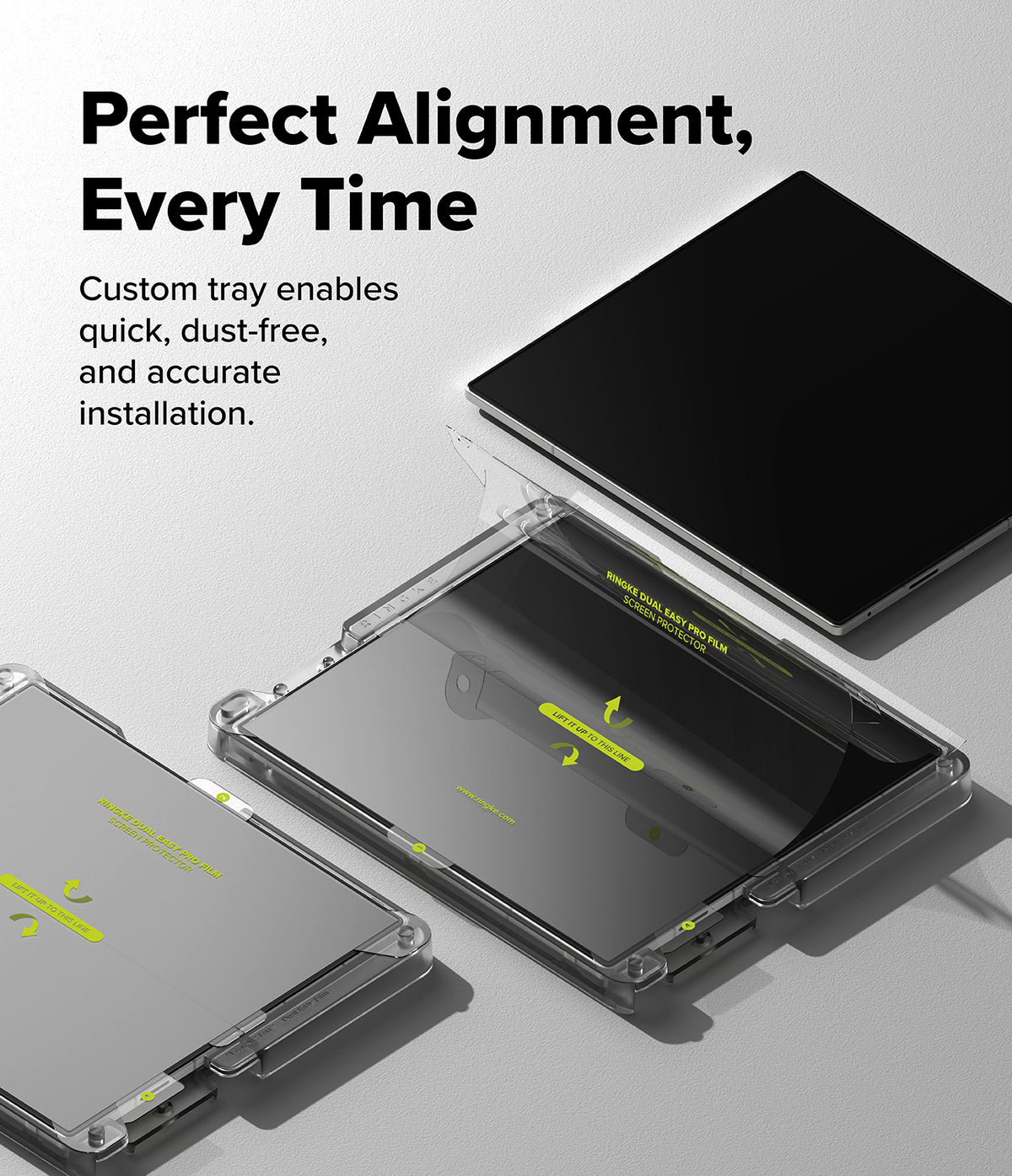 Galaxy Z Fold 7 Screen Protector | Dual Easy Pro Film (2 Pack) - Two Galaxy Z Fold devices in alignment trays with protective film installation guides.