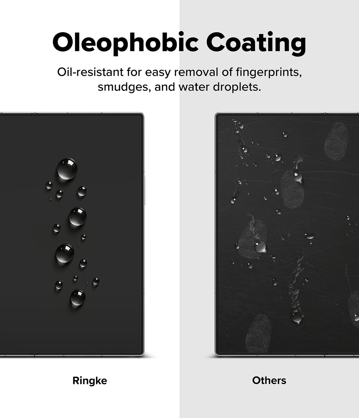 Galaxy Z Fold 7 Screen Protector | Dual Easy Pro Film (2 Pack) - Comparison showing Ringke's clean, water-beaded surface versus a smudged, oily screen.