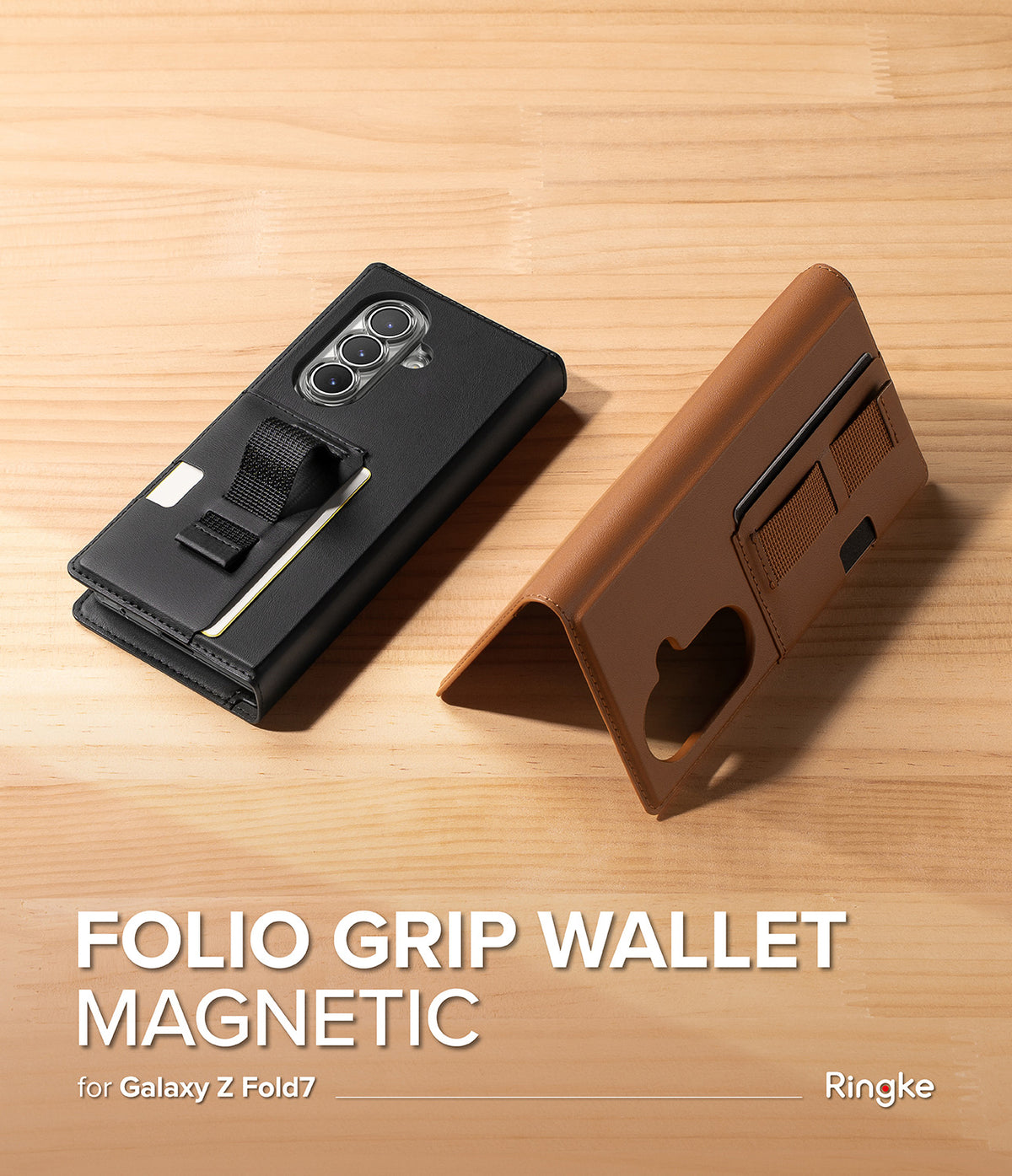 Galaxy Z Fold 7 Cover | Folio Grip Wallet Magnetic - Black and brown magnetic folio wallet cases with finger grips on a wooden surface.