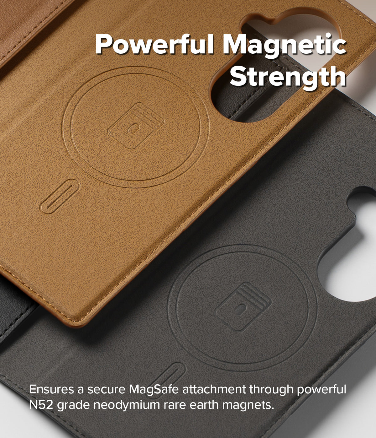 Galaxy Z Fold 7 Cover | Folio Grip Wallet Magnetic - Tan and black leather folio cases featuring embossed magnetic ring icons for MagSafe compatibility.