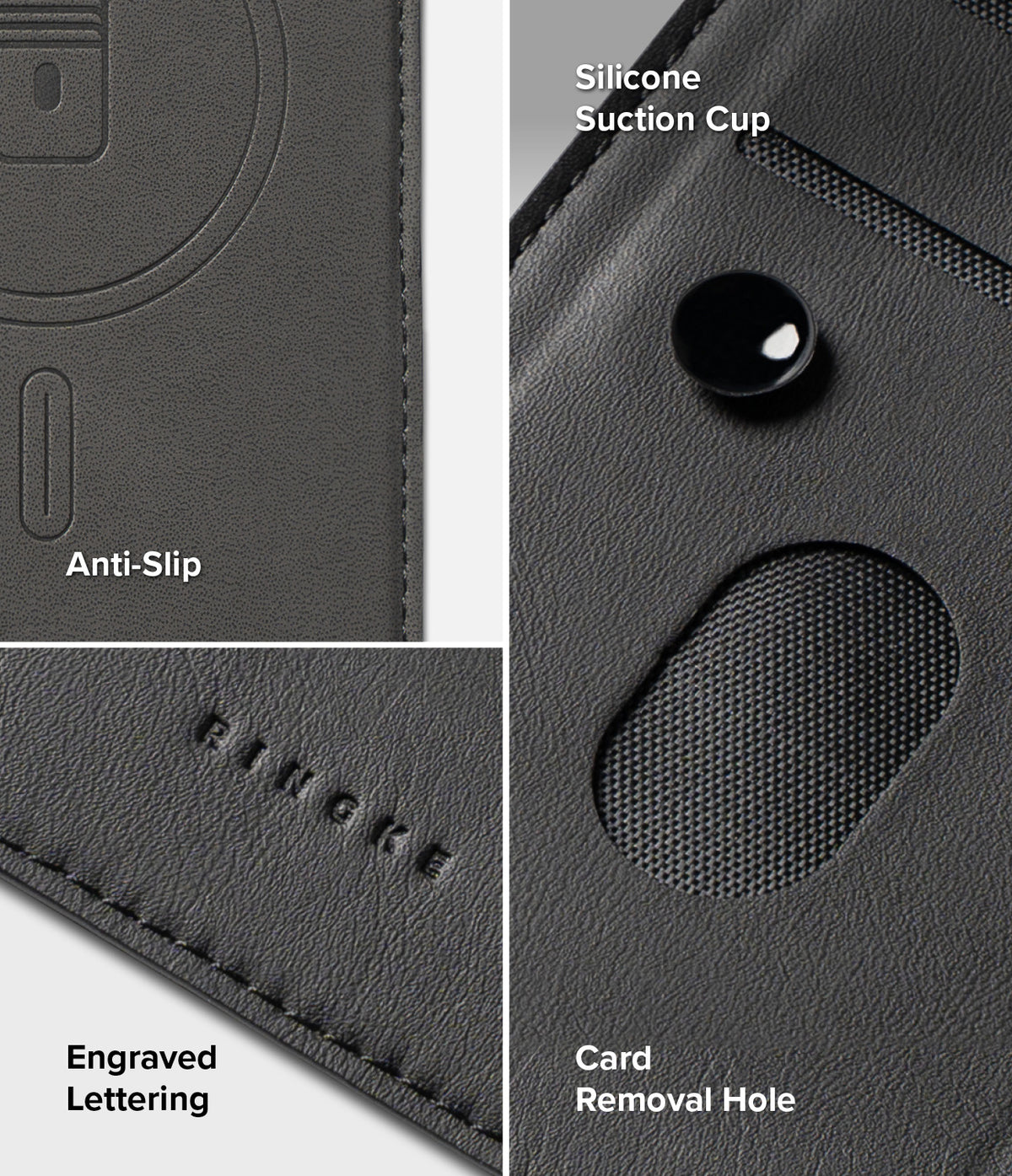 Galaxy Z Fold 7 Cover | Folio Grip Wallet Magnetic - Close-up of black wallet case features: anti-slip texture, silicone suction cup, and card slot.