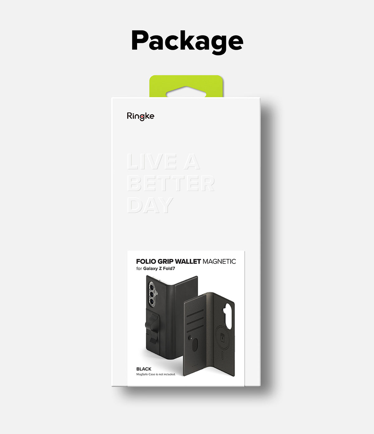 Galaxy Z Fold 7 Cover | Folio Grip Wallet Magnetic - White retail packaging for a black magnetic folio wallet case for the Galaxy Z Fold 7.