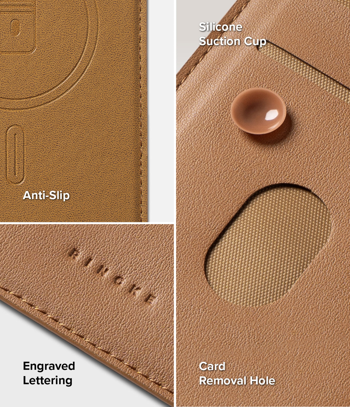 Galaxy Z Fold 7 Cover | Folio Grip Wallet Magnetic - Close-up of tan leather wallet features: anti-slip texture, silicone suction cup, and card slot.