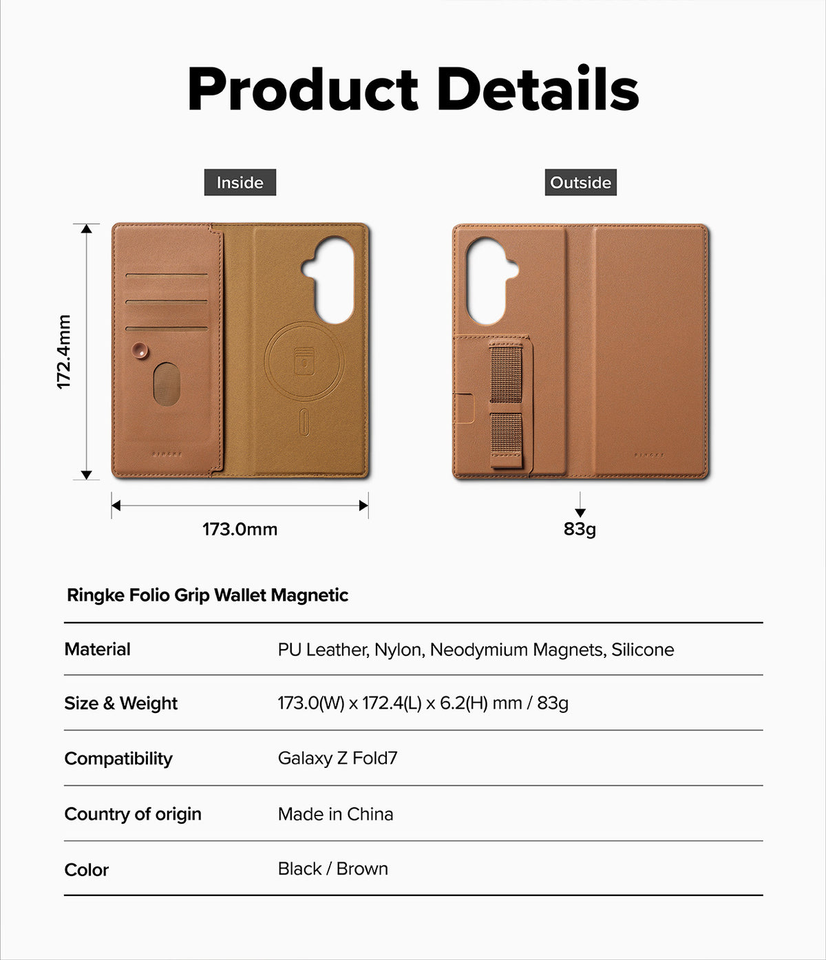 Galaxy Z Fold 7 Cover | Folio Grip Wallet Magnetic - Technical diagram showing inside and outside views of a brown folio wallet case with dimensions.