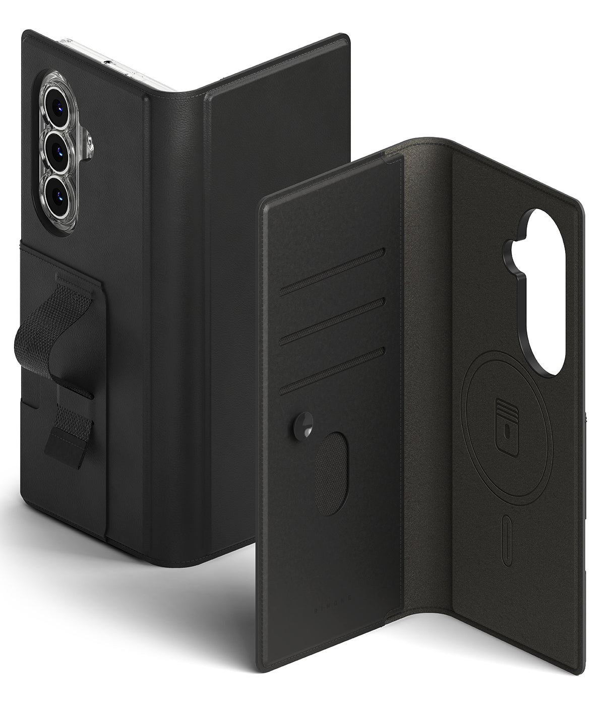 Galaxy Z Fold 7 Cover | Folio Grip Wallet Magnetic - Black folio wallet case with a magnetic grip strap, card slots, and magnetic charging ring.