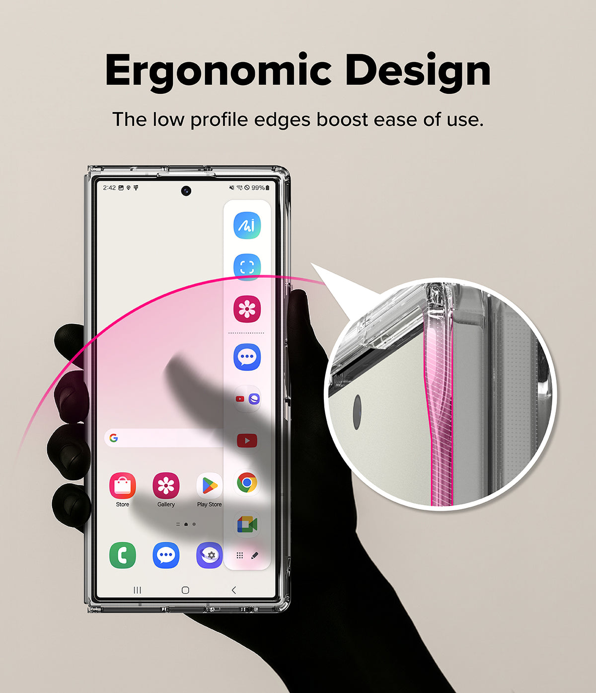 Galaxy Z Fold 7 Case | Fusion - A hand holds a phone with a clear case, highlighting the low-profile edge in a zoomed-in circle.