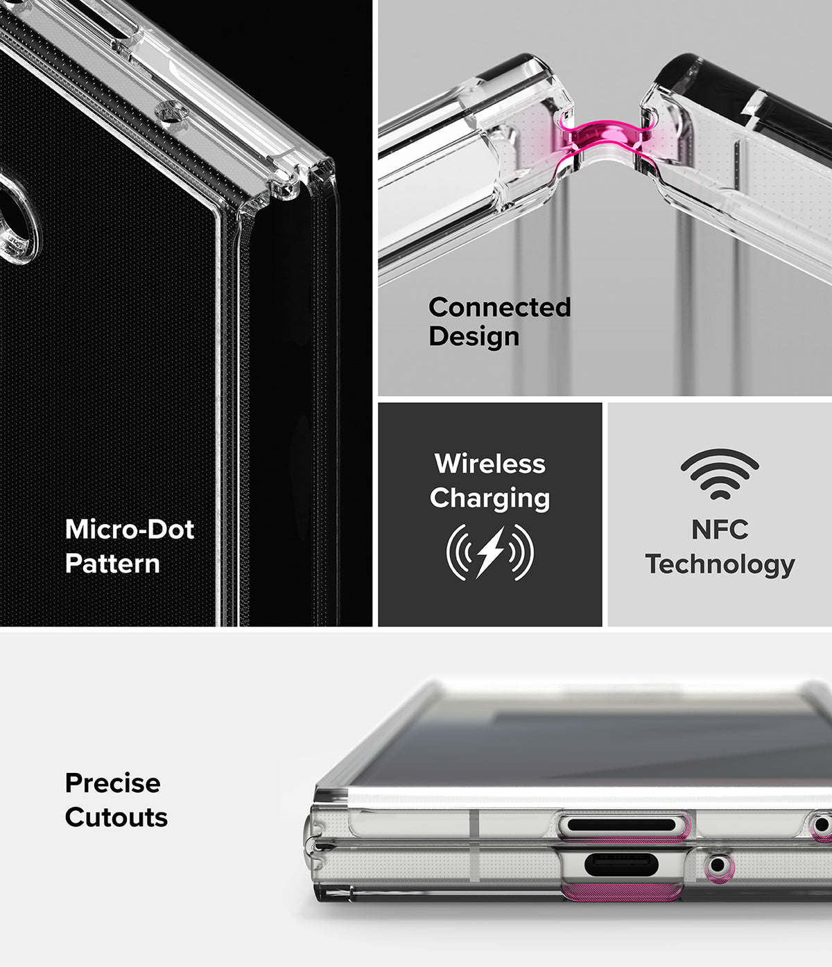 Galaxy Z Fold 7 Case | Fusion - Clear case features showing micro-dot pattern, hinge design, wireless charging, and cutouts.