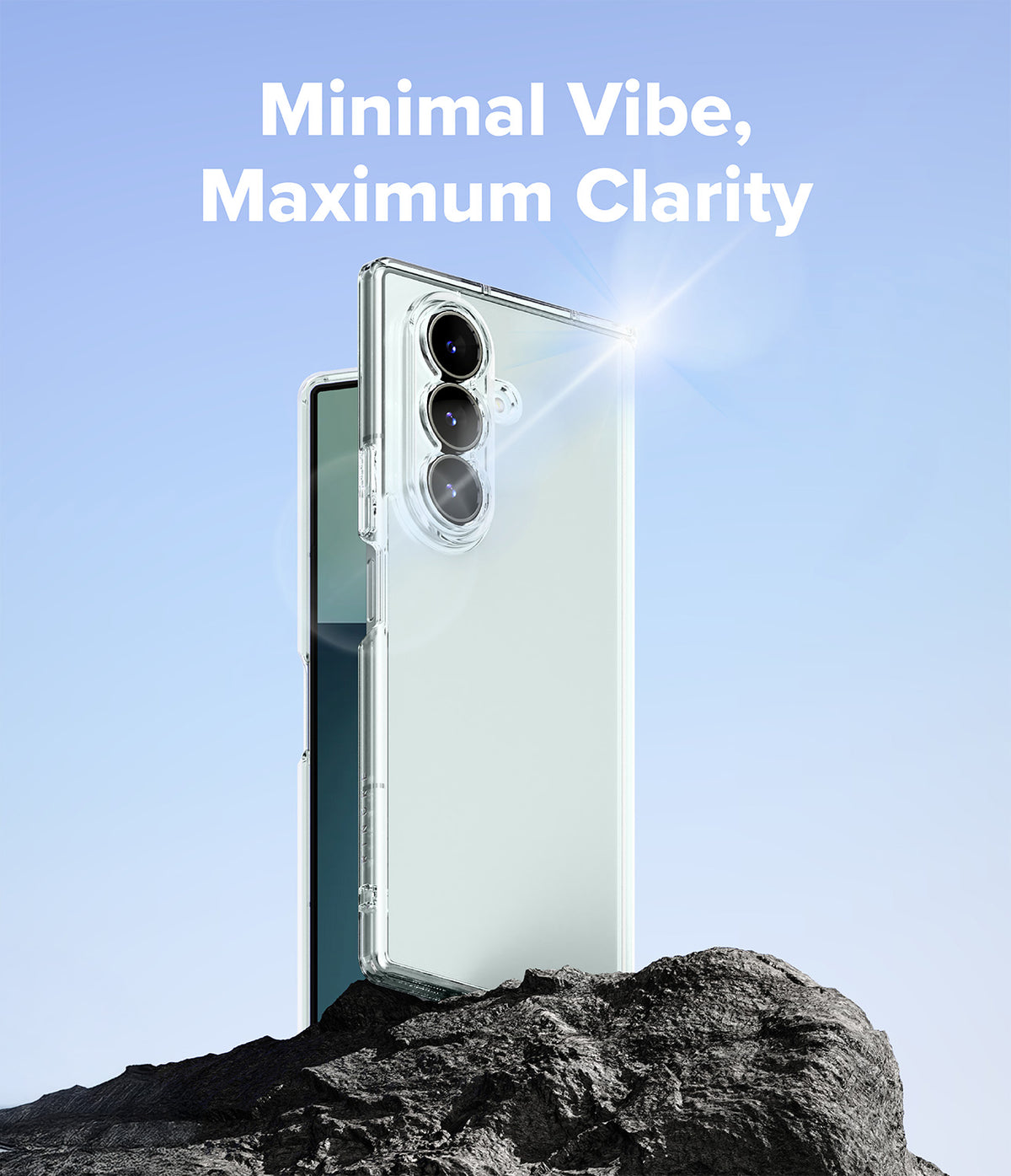 Galaxy Z Fold 7 Case | Fusion - Clear phone case on a rock against a blue sky with the text Minimal Vibe, Maximum Clarity.