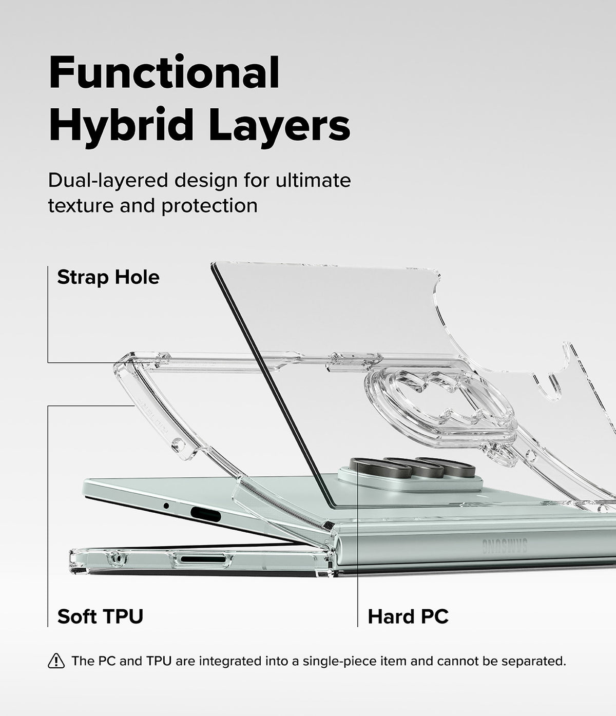 Galaxy Z Fold 7 Case | Fusion - Exploded view of a clear hybrid phone case showing soft TPU and hard PC layers.