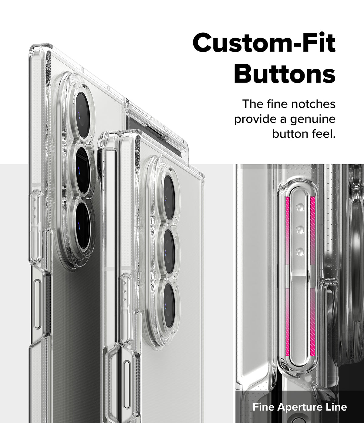 Galaxy Z Fold 7 Case | Fusion - Clear phone case showing detailed button cutouts and a close-up of the fine aperture line.