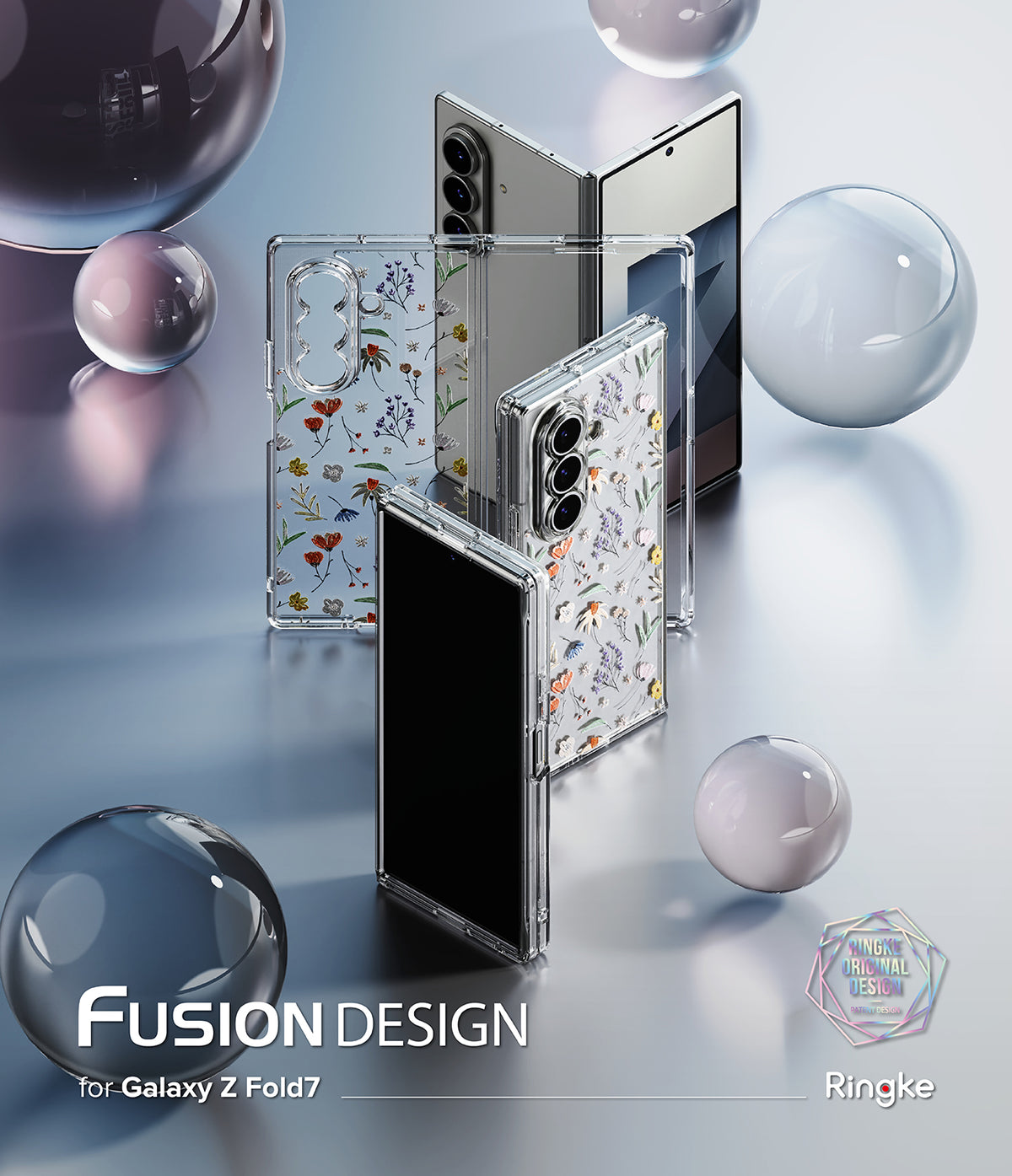 Galaxy Z Fold 7 Case | Fusion Design - Clear floral phone cases for Galaxy Z Fold 7 arranged with glass spheres on a reflective surface.