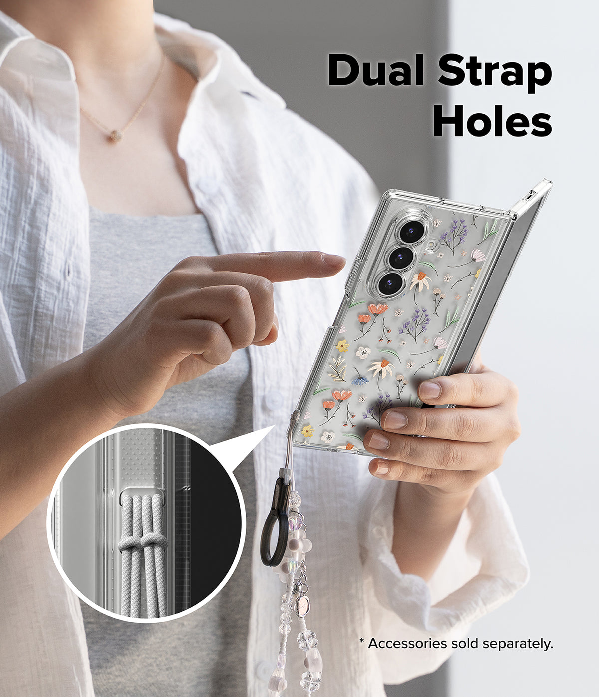Galaxy Z Fold 7 Case | Fusion Design - Clear floral phone case with dual strap holes and a beaded wrist lanyard.
